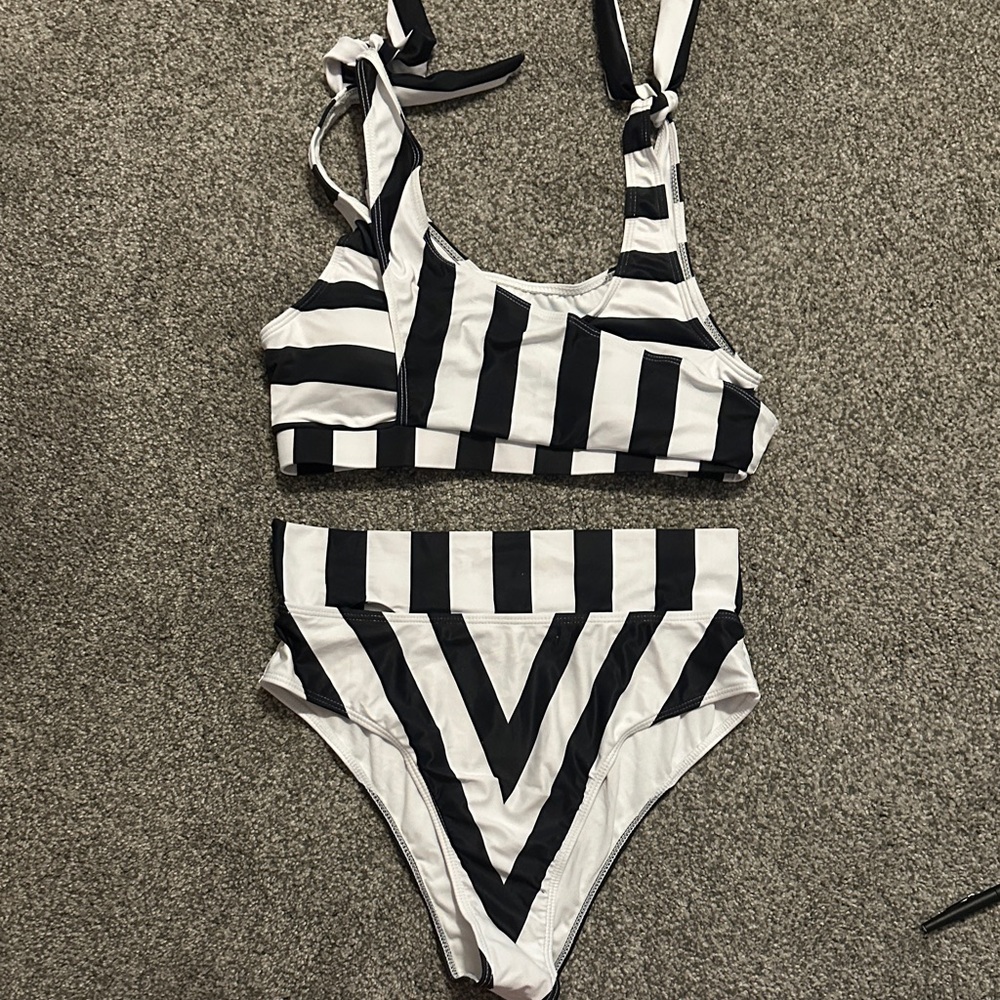 Black and White Striped Bikini Set